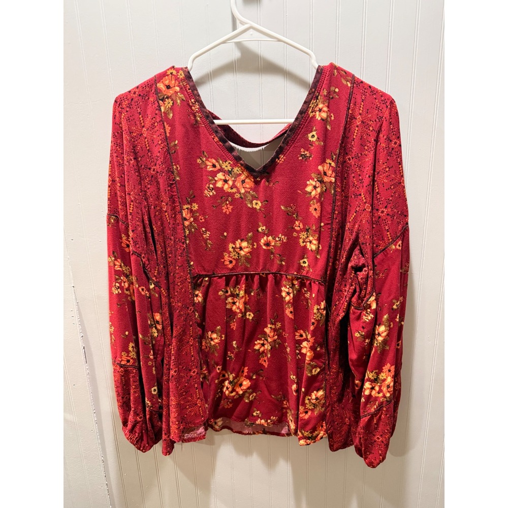 Boho Red Floral Mixed Print Long Sleeve VNeck Top with Lace Trim and Back Cutout